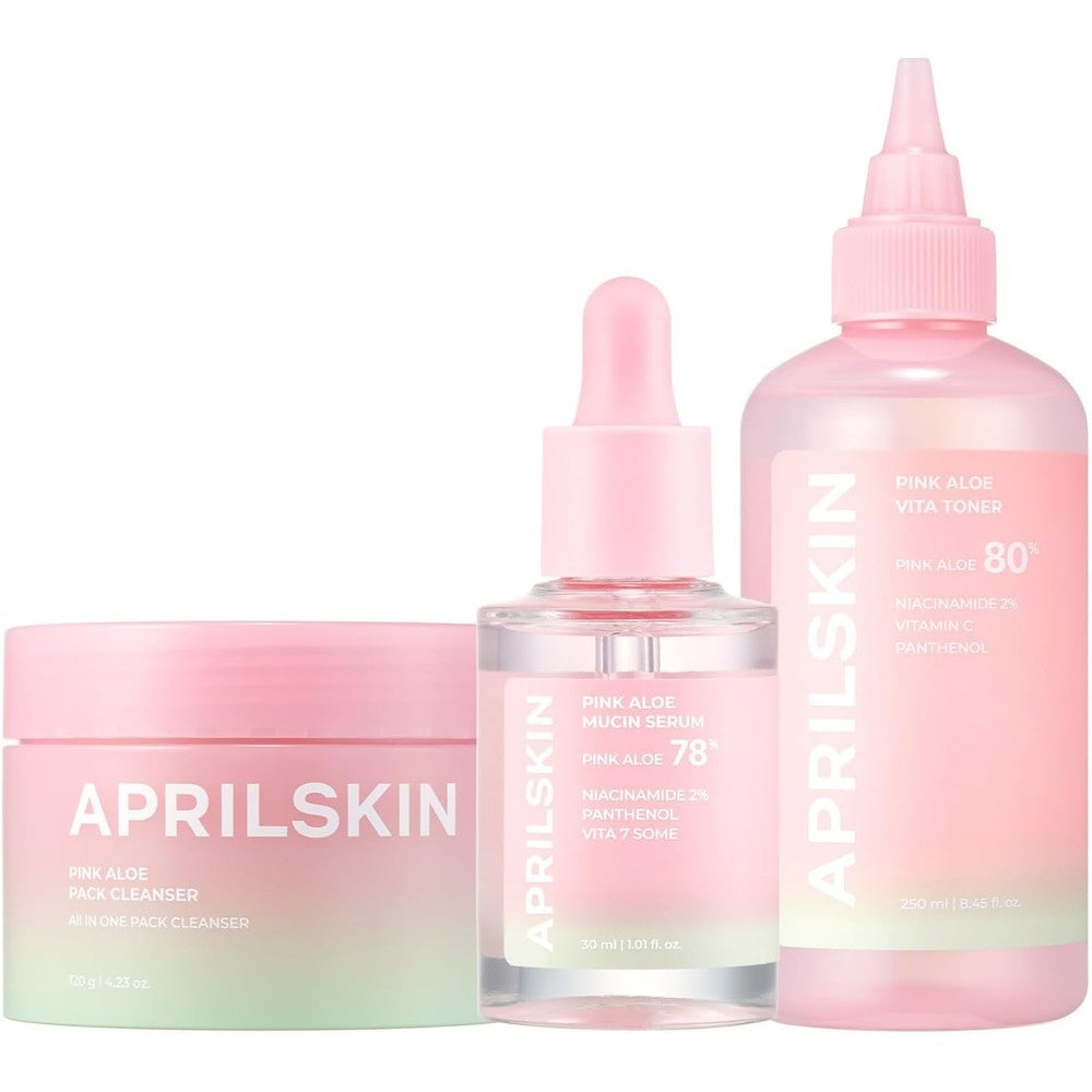 APRILSKIN Pink Aloe Facial Polish Cleanser Set With Vita Toner And Mucin Serum For Radiant Glowing Skin