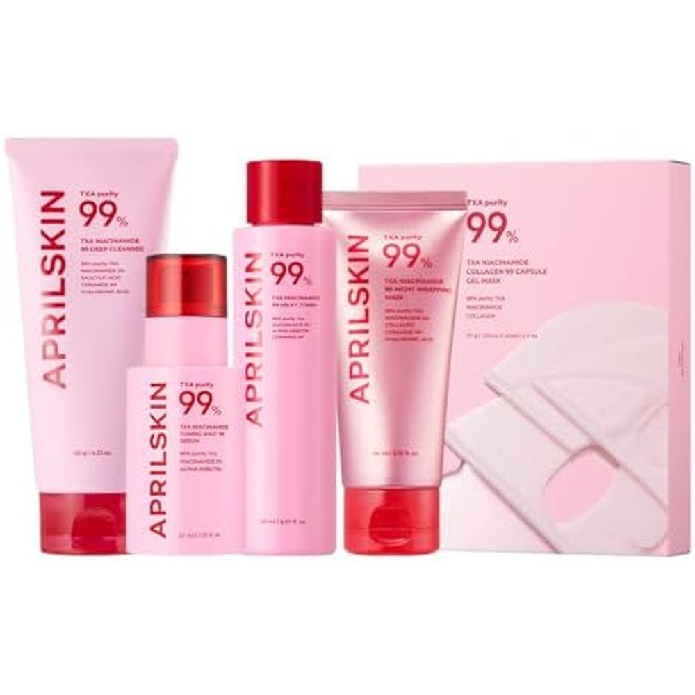 APRILSKIN TXA Pink Skincare Full Set With Bubble Gum Deep Cleanser Toning Shot Spicule Facial Serum Pink Milky Toner Overnight Wrapping Mask And Ca...