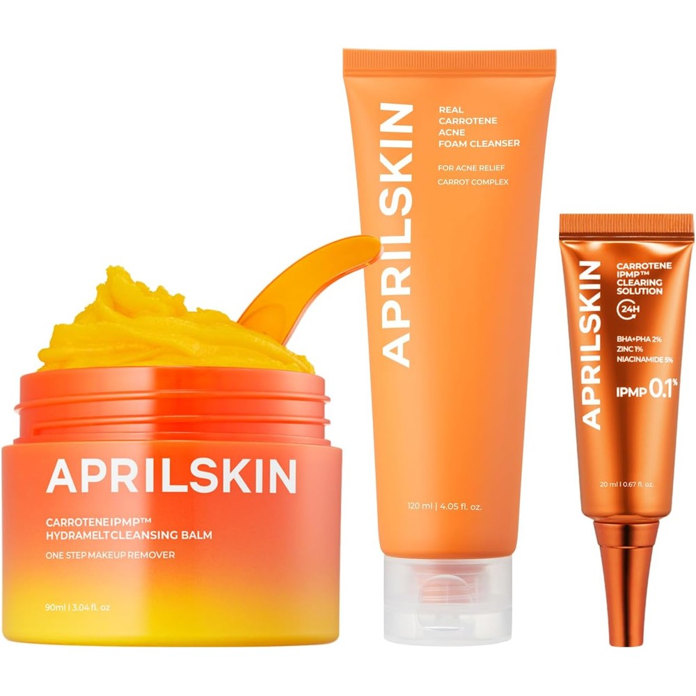APRILSKIN Double Cleansing And Trouble Care Set With Carrotene IPMP Hydromelt Cleansing Balm Clarifying Foam Cleanser And Clearing Solution