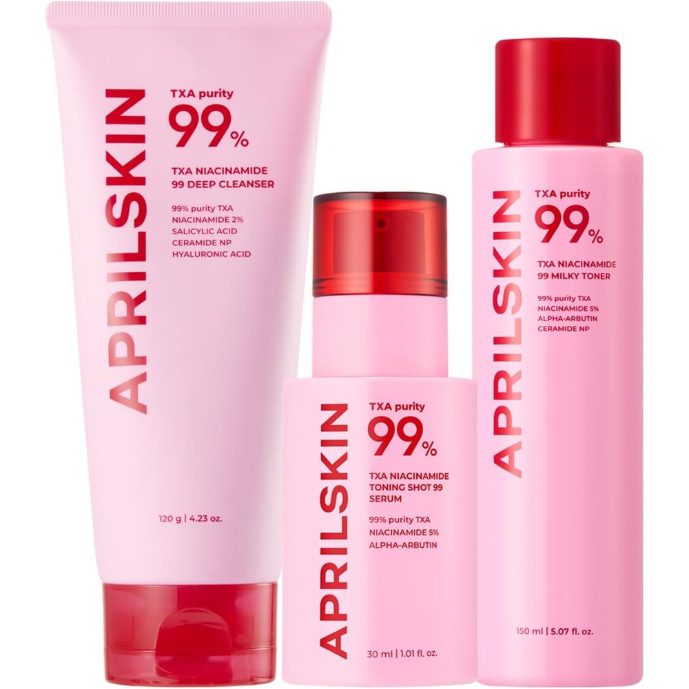 APRILSKIN TXA Deep Cleansing And Hydrating Trio Skincare Set With Pink Bubble Gum Cleanser Toning Shot Spicule Serum And Pink Milky Toner