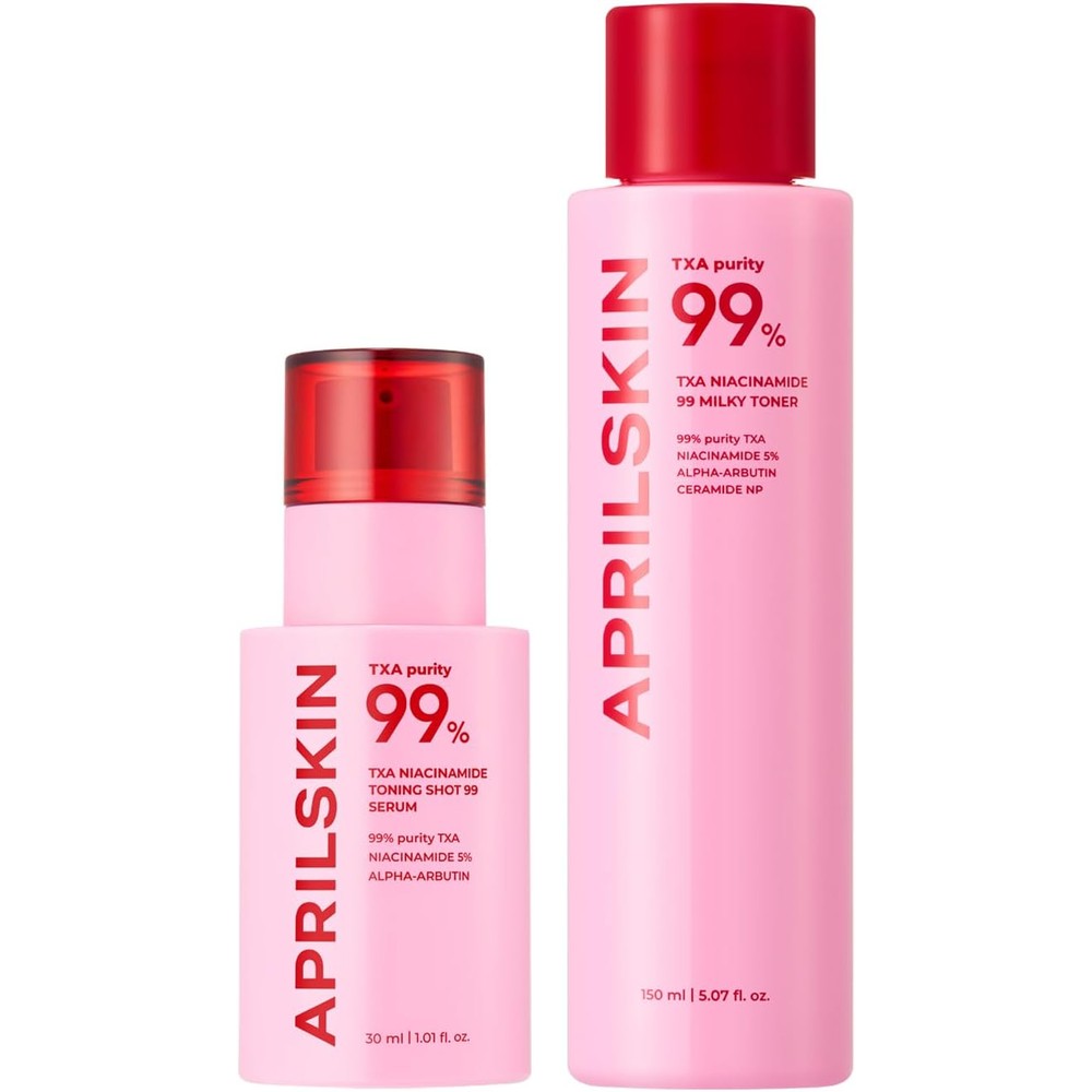 Aprilskin TXA Daily Brightening Duo TXA Niacinamide Toning Shot 99 Spicule Facial Serum 1 Fluid Ounce And Pink Milky Toner 5.07 Fluid Ounce