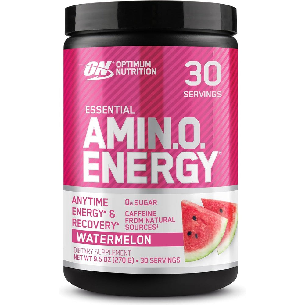 Optimum Nutrition Amino Energy Watermelon front view container showcasing pre workout nutrition facts.
