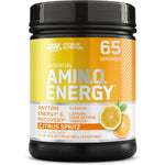 Optimum Nutrition Amino Energy Citrus Spritz front view tub showing authentic imported pre workout powder.