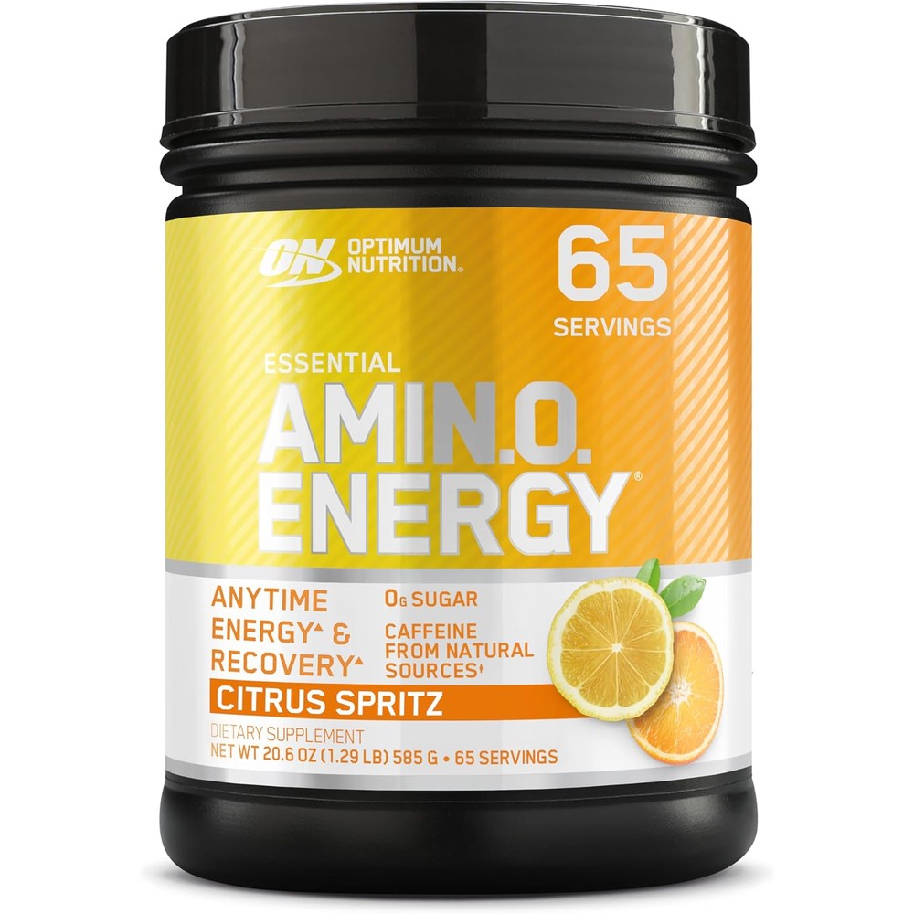 Optimum Nutrition Amino Energy Citrus Spritz front view tub showing authentic imported pre workout powder.