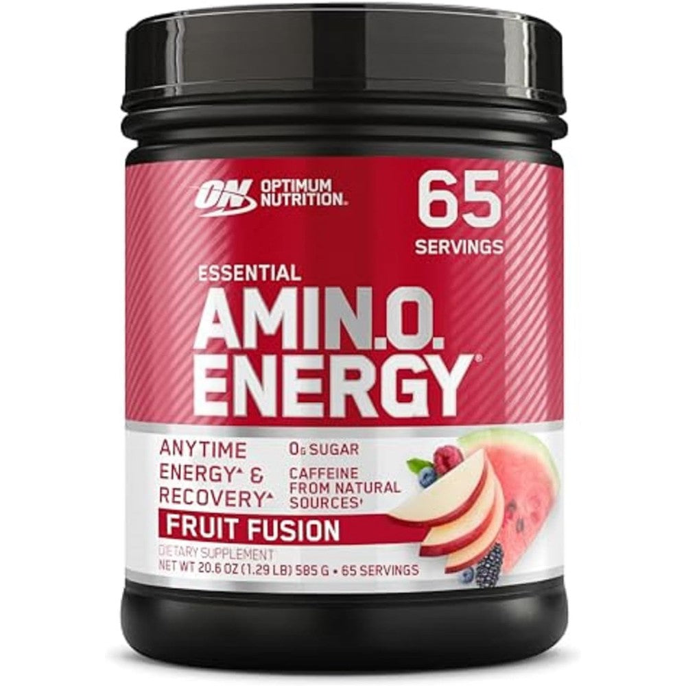 Optimum Nutrition Amino Energy Fruit Fusion sixty five servings tub front view showcasing authentic packaging