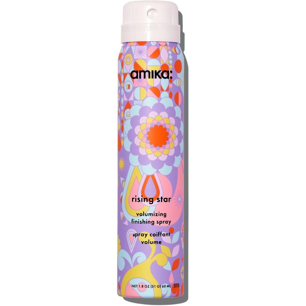 Amika Rising Star Volumizing Finishing Spray front view of the colorful geometric floral bottle