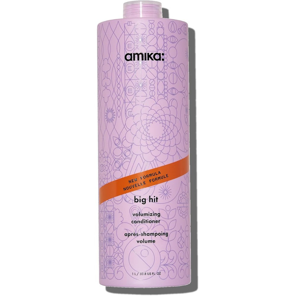 Amika Big Hit Volumizing Conditioner front view of the one liter light purple floral bottle