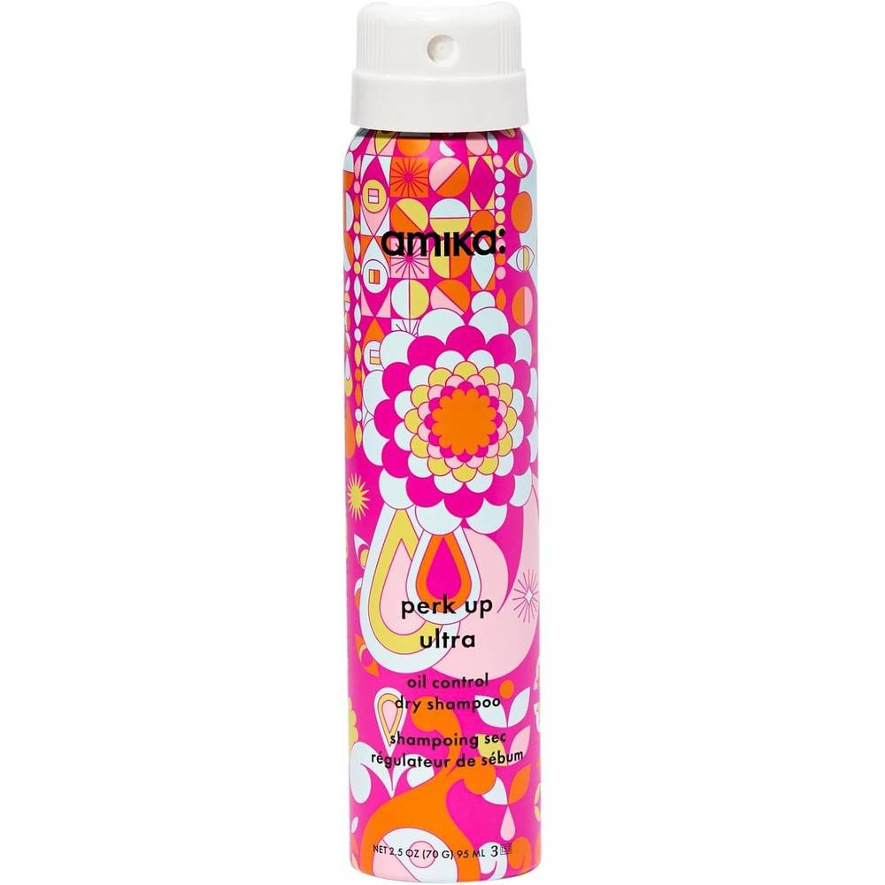 Amika Perk Up Ultra Oil Control Dry Shampoo front view bottle showing vibrant geometric pattern