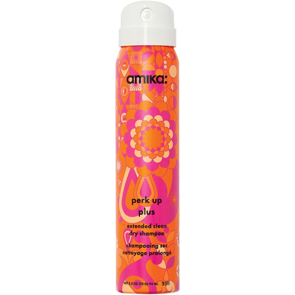 Amika Perk Up Plus Extended Clean Dry Shampoo front view of psychedelic floral orange canister