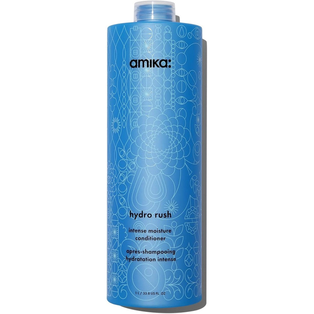 Amika Hydro Rush Intense Moisture Conditioner front view of blue bottle with white geometric pattern