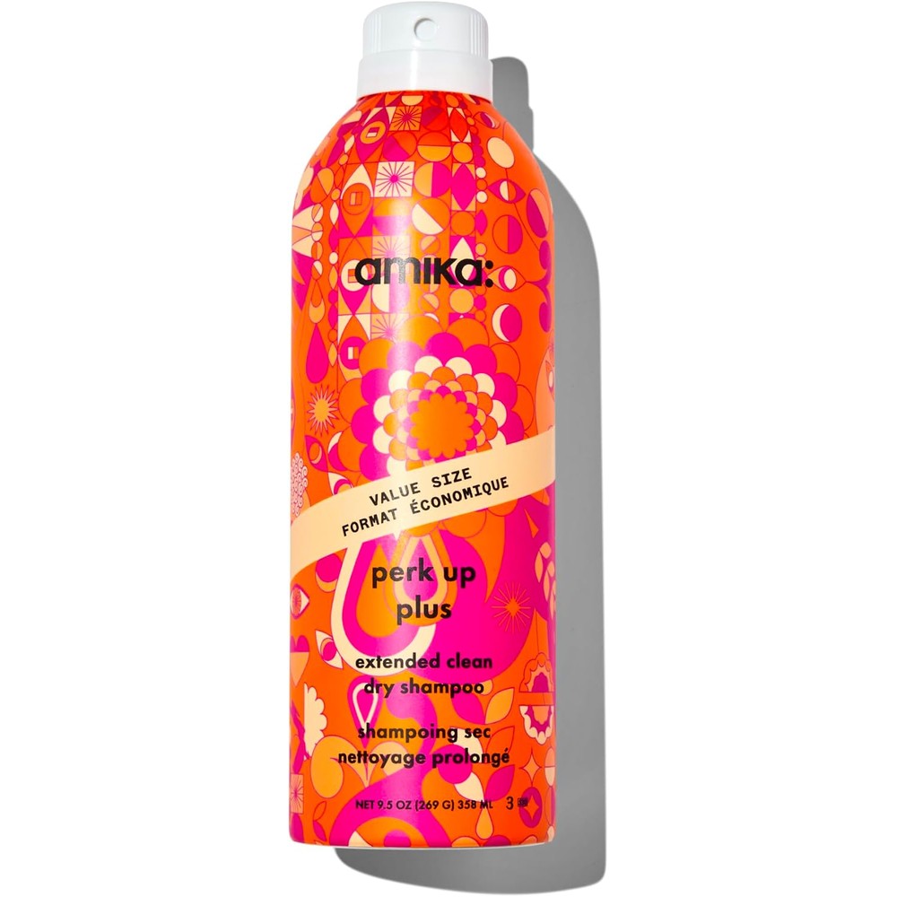 Amika Perk Up Plus Extended Clean Dry Shampoo front view of vibrant floral aerosol bottle