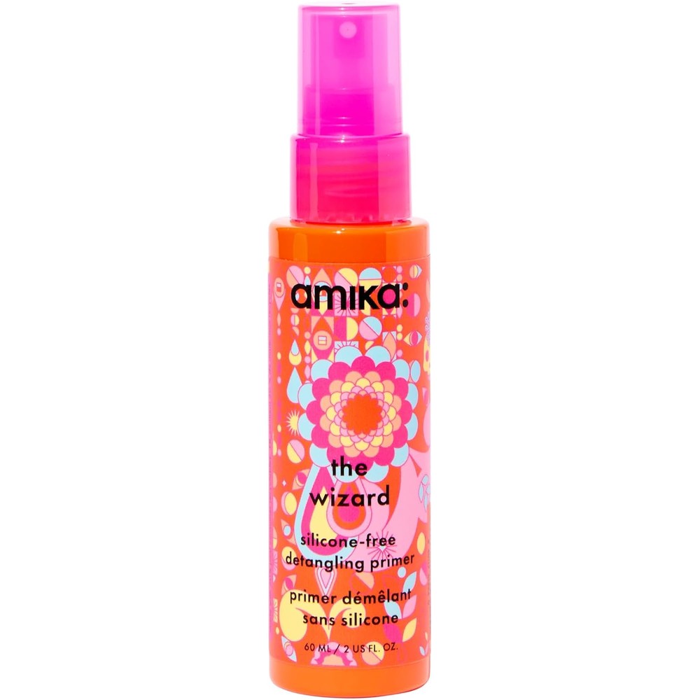Amika The Wizard Silicone-Free Detangling Primer front view of the vibrant orange bottle