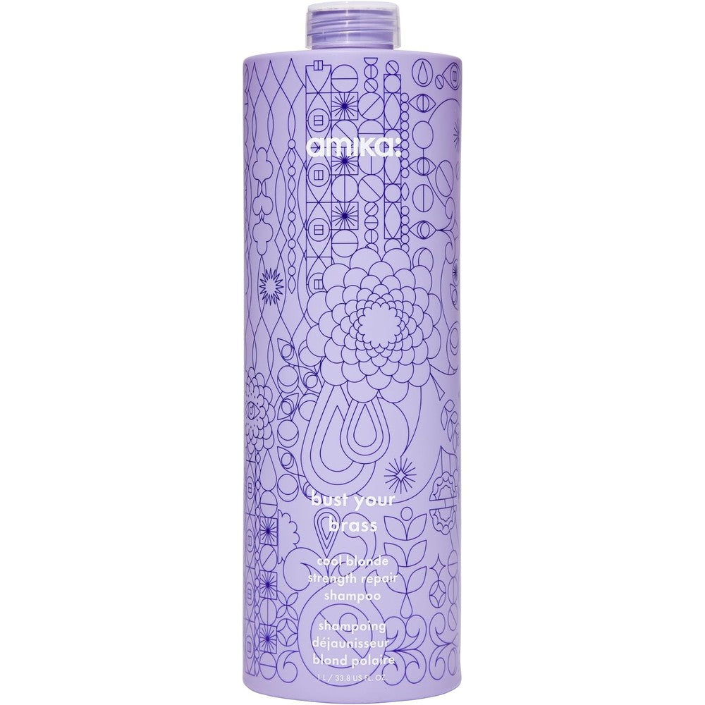 Amika Bust Your Brass Cool Blonde Strength Repair Shampoo front view for color-treated hair toning.