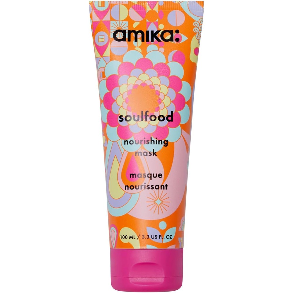 Amika Soulfood Nourishing Hair Mask front view showcasing the multicolored floral tube.