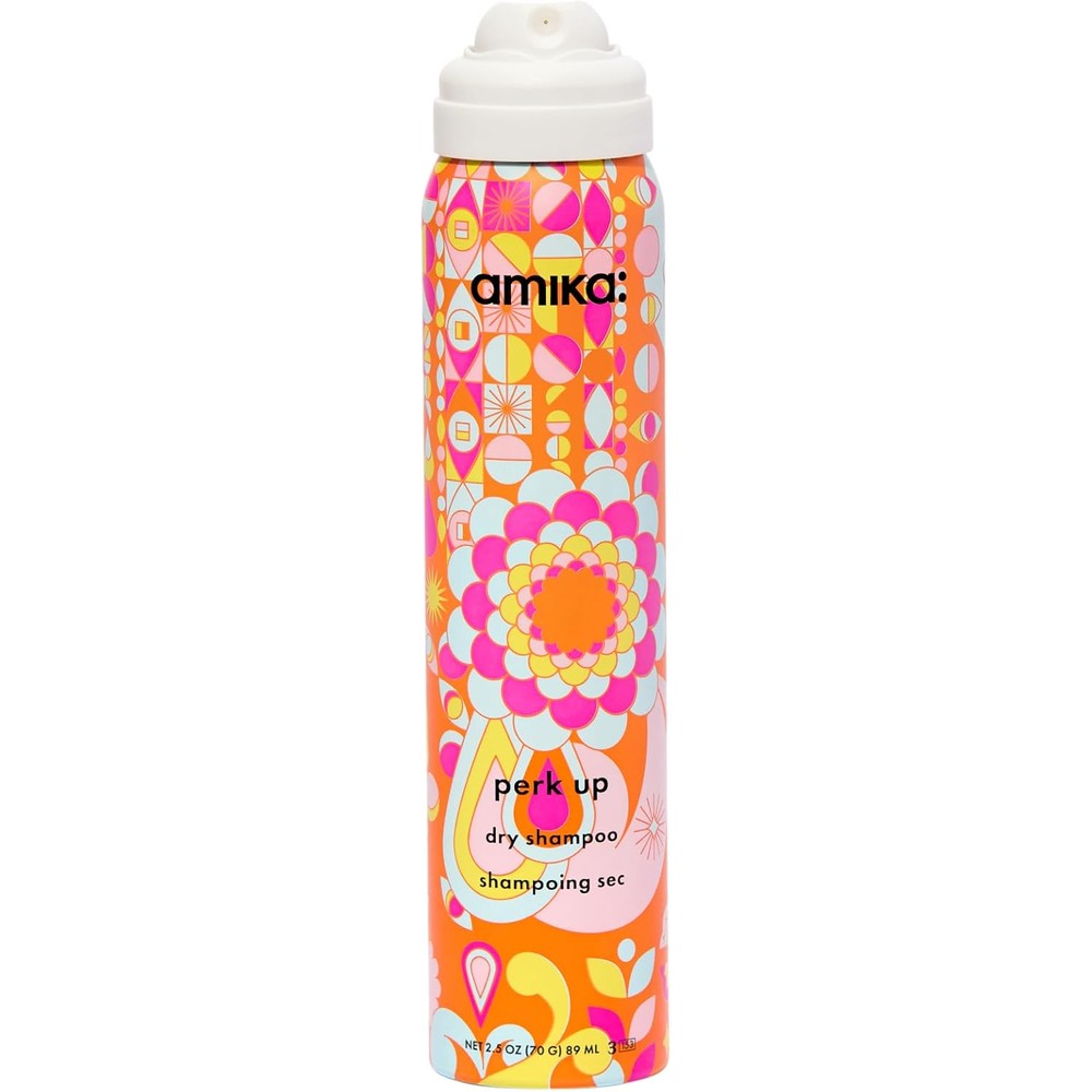 Amika Perk Up Talc Free Dry Shampoo front view of retro design canister