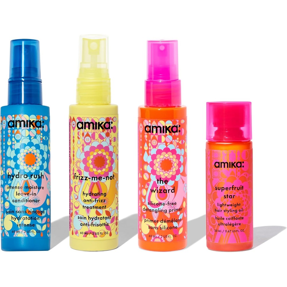 Amika Pocket Sized Pro Picks Treatment Trial Set front view showing the hydrating anti frizz spray container.