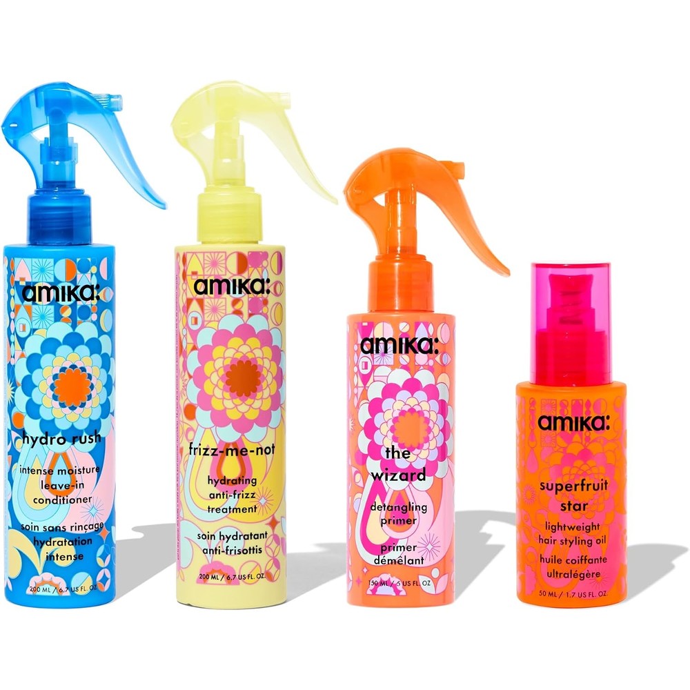 Amika The Core Four Stylist-Loved Treatment Set with The Wizard front view of the four full-sized hair treatment products