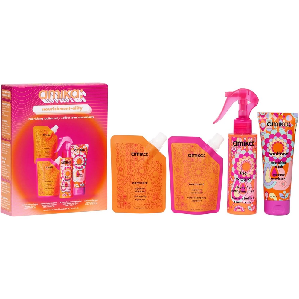 Amika Nourishment-ality Nourishing Routine Set front packaging view showing pink and orange box