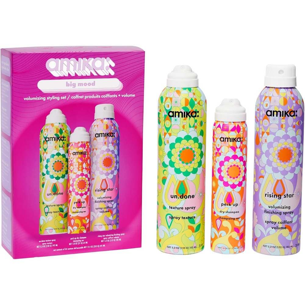 Amika Big Mood Volumizing Styling Set front view showcasing three vibrant floral patterned hair bottles.