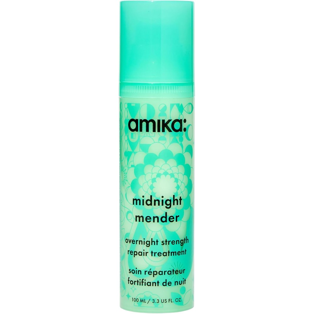 Amika Midnight Mender Overnight Strength Repair Treatment Mask front view bottle for hair damage control.