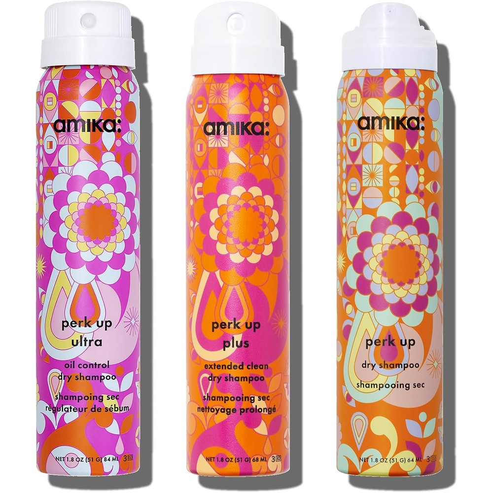 Amika Perk Up Pursuit Dry Shampoo Trial Set front view showing three colorful travel size spray bottles
