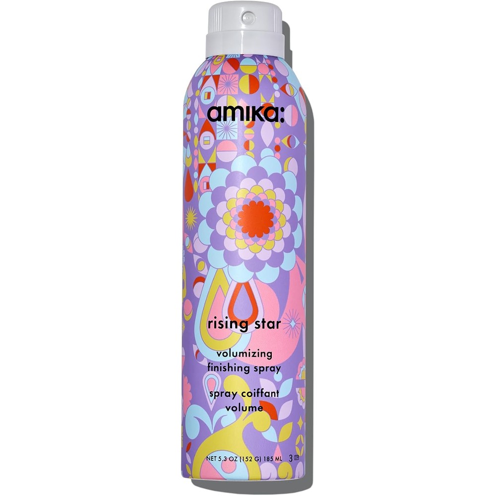 Amika Rising Star Volumizing Finishing Spray front view showcasing its vibrant floral packaging.