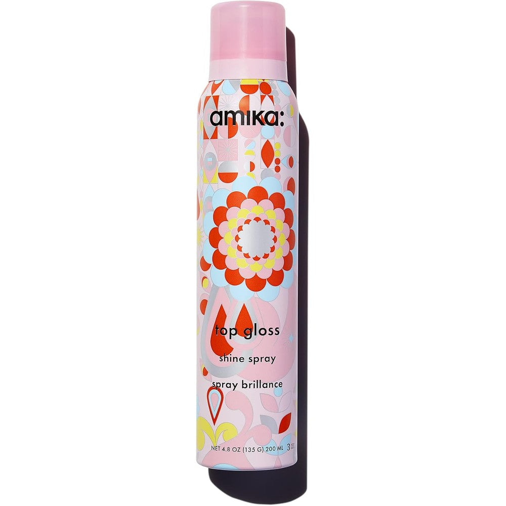 Amika Top Gloss Shine Spray front view bottle for high shine hair styling