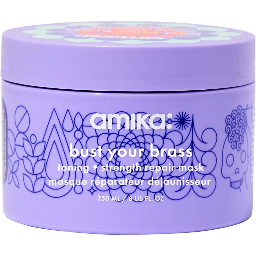 Amika Bust Your Brass Toning and Strength Repair Mask front view for cool blonde hair treatment.