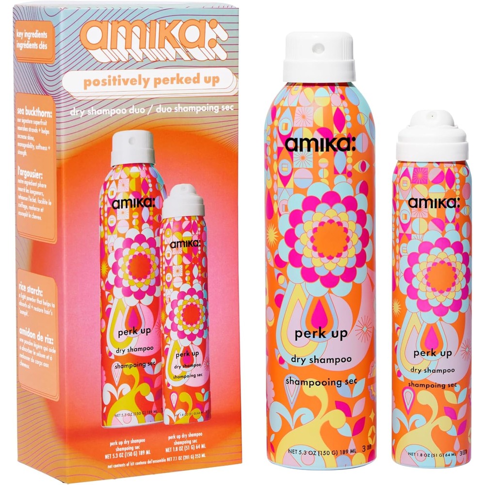 Amika Positively Perked Up Dry Shampoo Duo gift set front view featuring full size and travel size bottles.