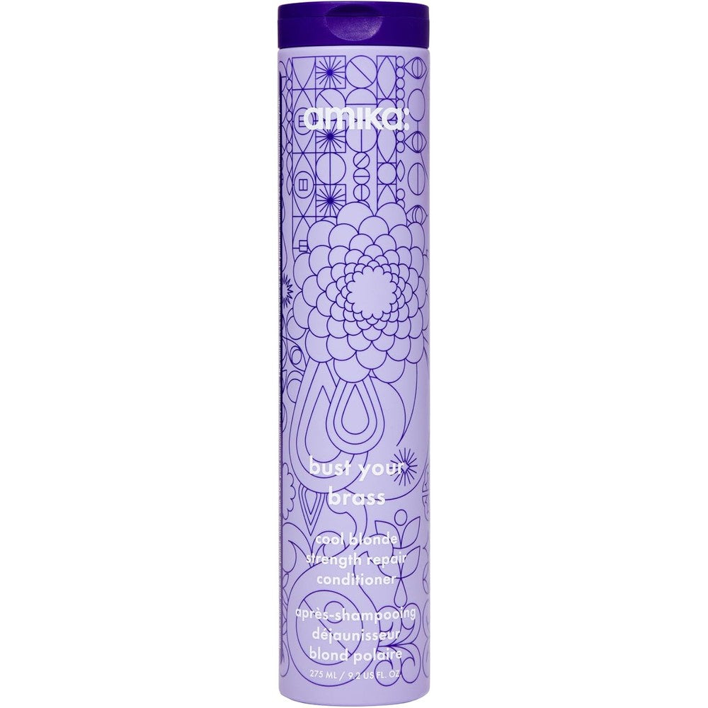 Amika Bust Your Brass Cool Blonde Strength Repair Conditioner 275ml bottle front view for blonde hair care