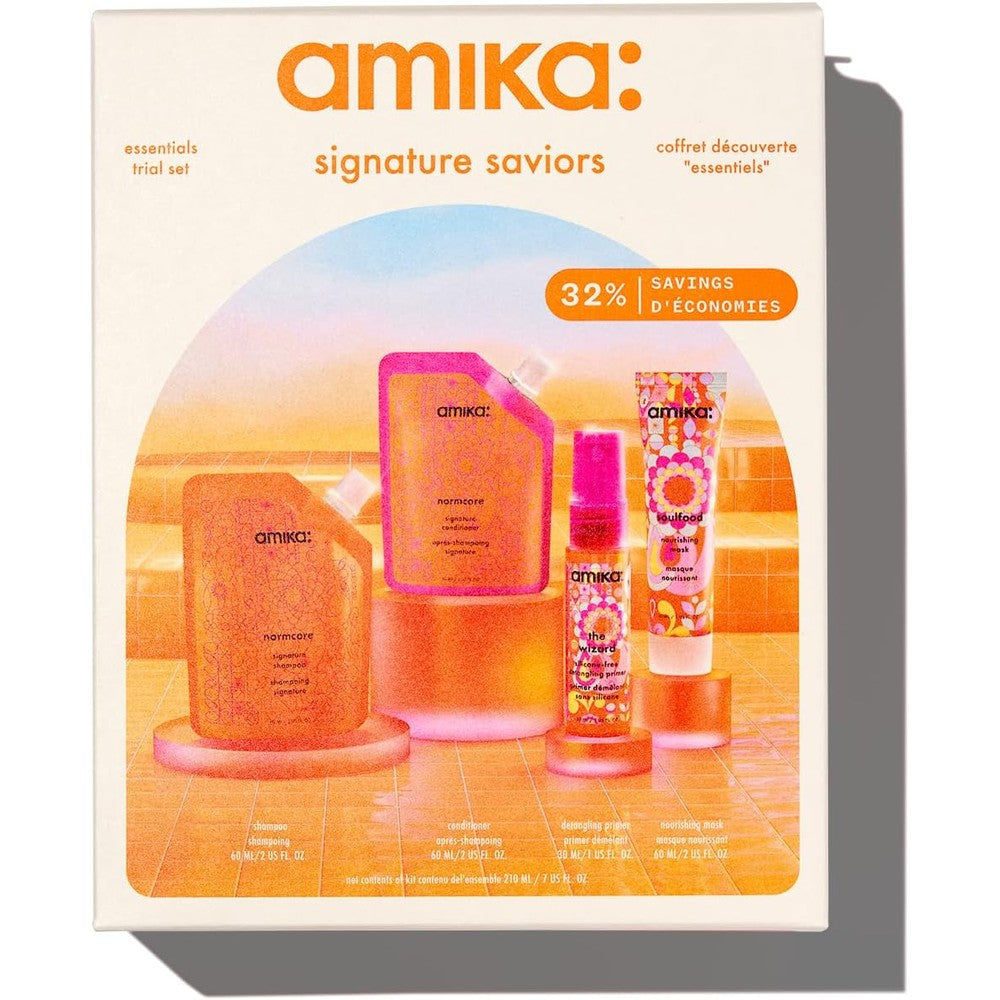 Amika Signature Saviors Essential Trial Set front packaging view showing the four included hair care travel products.