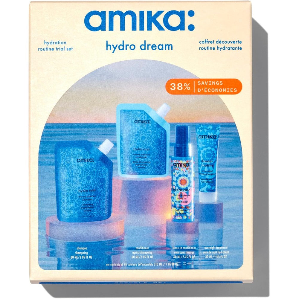 Amika Hydro Dream Hydration Routine Trial Set front view of packaging showing four pieces