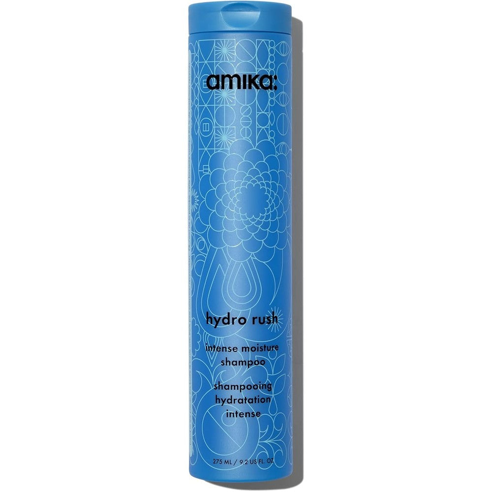 Amika Hydro Rush Intense Moisture Shampoo front view bottle for dry hair care