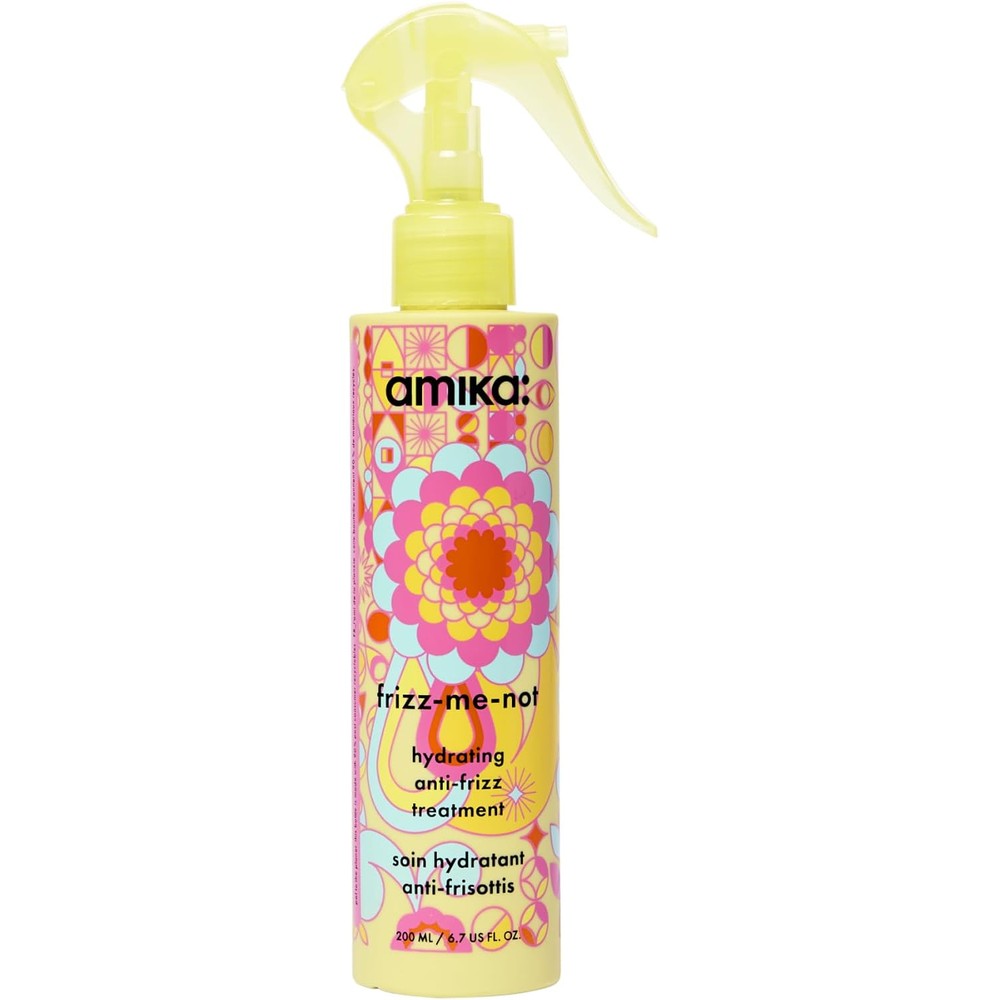 Amika Frizz Me Not Hydrating Anti Frizz Treatment front view yellow bottle for humidity protection