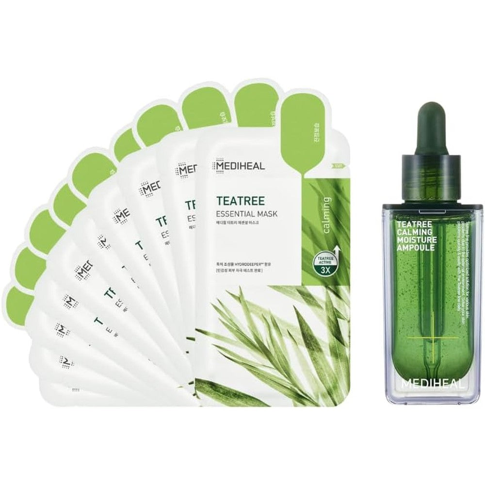 Mediheal Tea Tree Skincare Duo front packaging view featuring mask sheets and calming ampoule bottle.