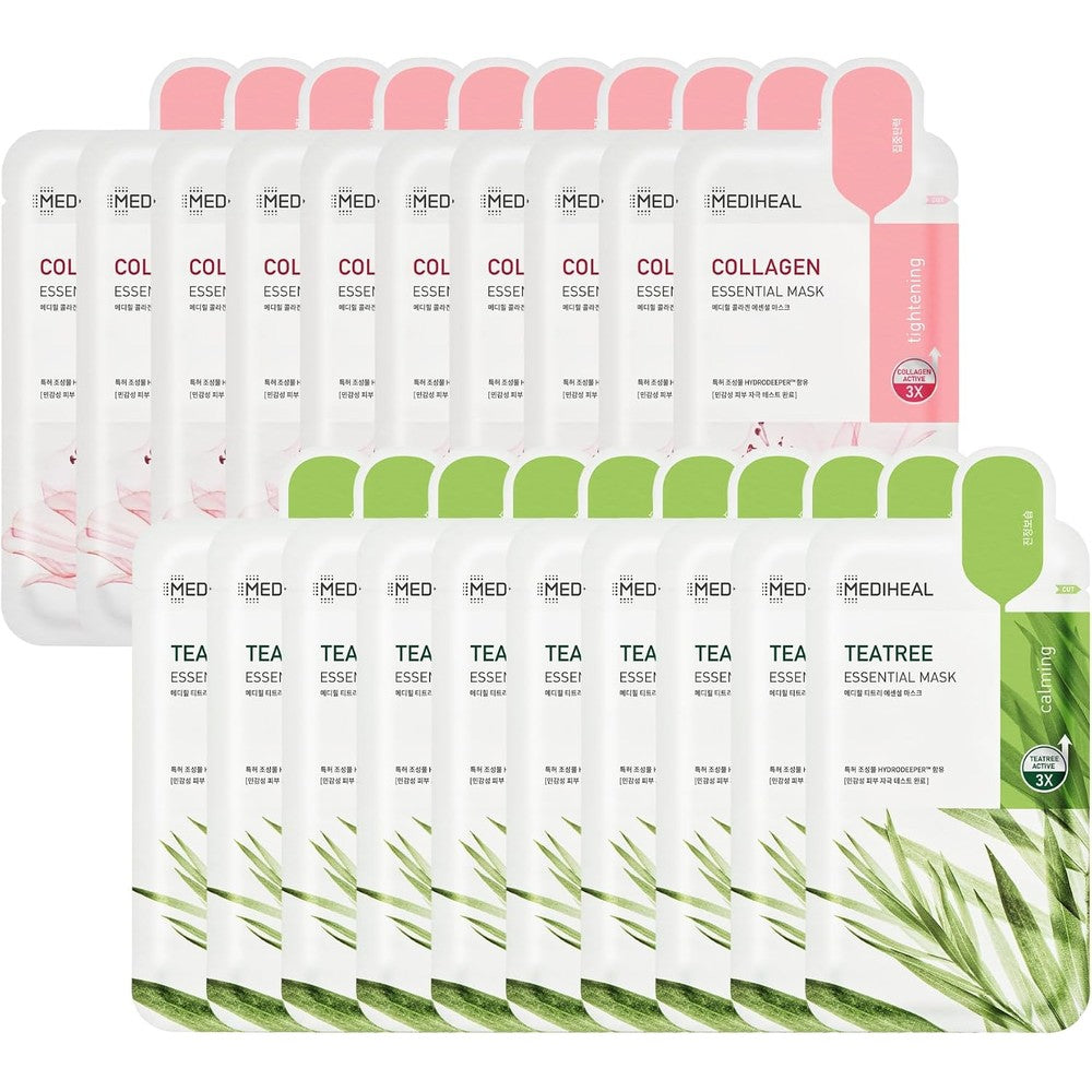 Mediheal Collagen and Tea Tree Sheet Mask twenty piece set front view showing packaging.