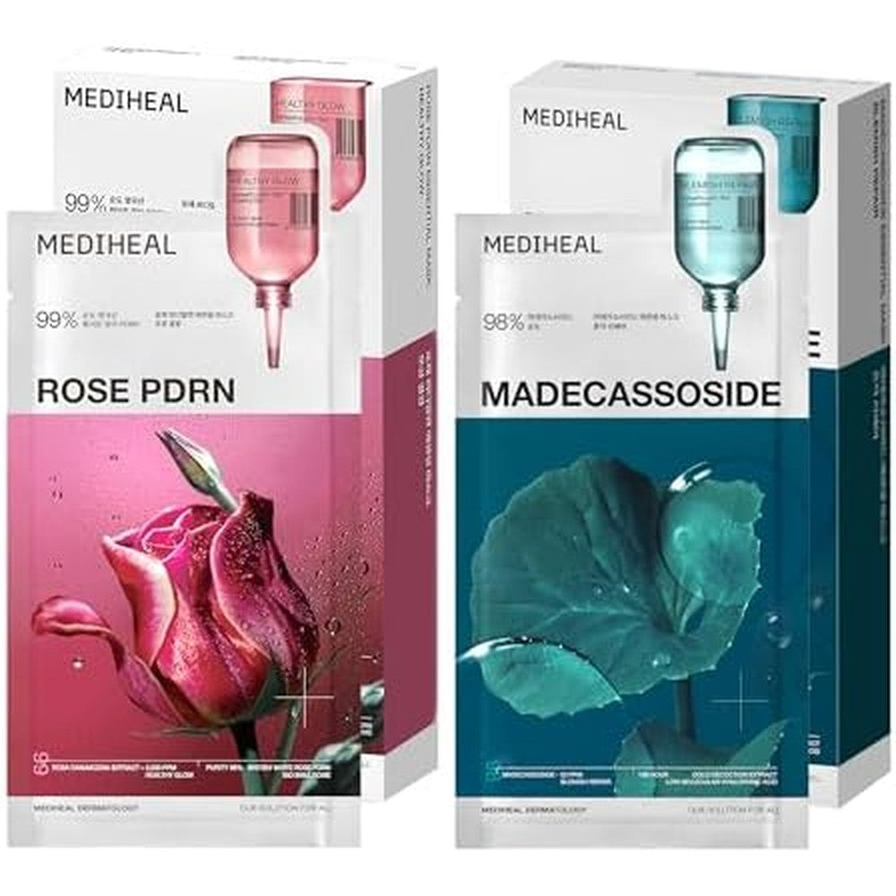 MEDIHEAL Essential Sheet Masks 20 Pack front view showing the Madecassoside and PDRN packaging for blemish repair and glow