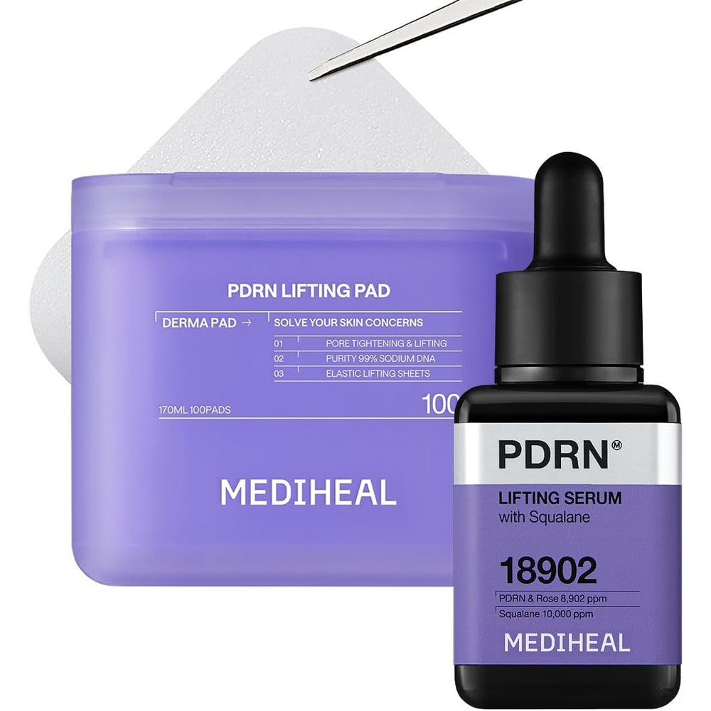 Mediheal PDRN Pad and Serum Skin Care Duo Set front view showcasing the toner pad jar and serum bottle for imported Korean skincare routines.