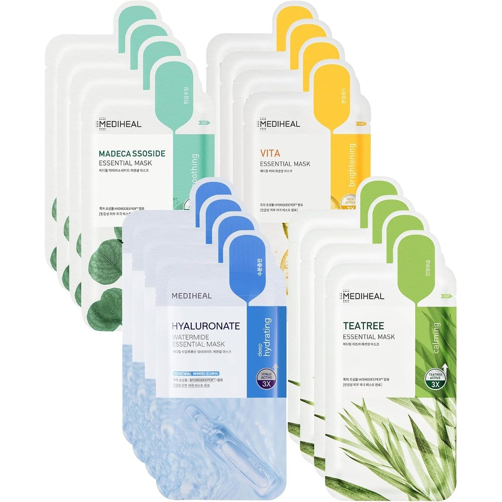 Mediheal Sheet Mask New Essential Hero Sixteen Pack front view showing authentic Korean skincare assortment.