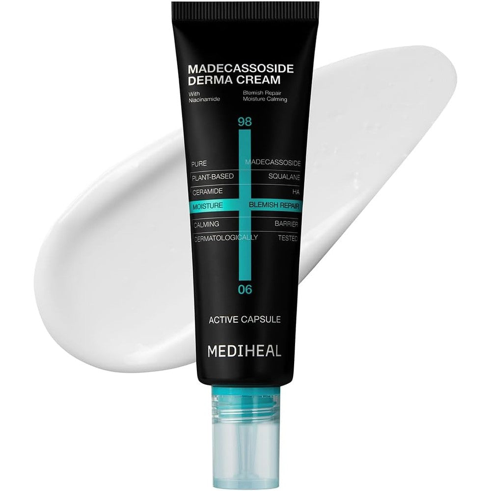 Mediheal Madecassoside Derma Cream front view of the packaging tube showcasing blemish repair benefits.
