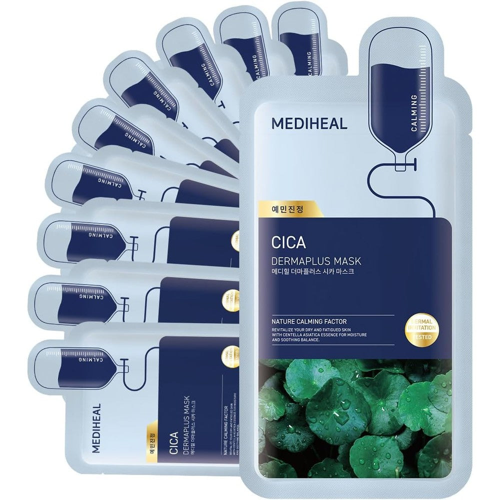 MEDIHEAL Dermaplus Cica Mask 10 Sheets packaging front view showing the calming vegan formula details