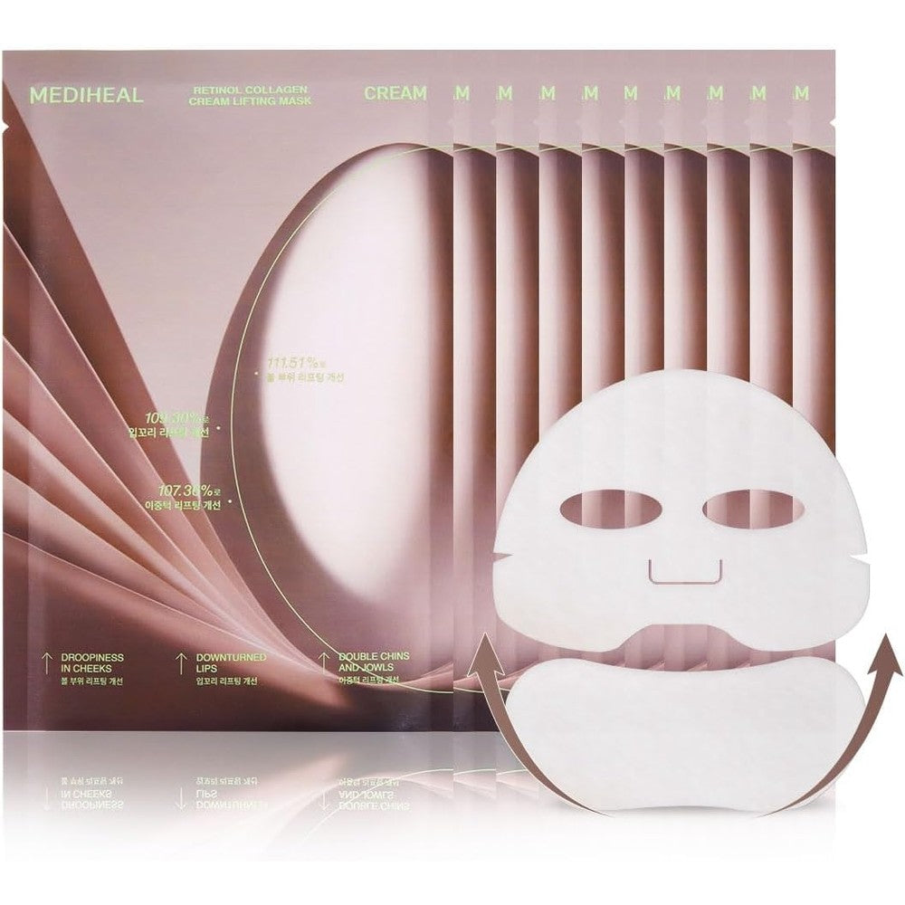 Mediheal Retinol Collagen Cream Lifting Mask front packaging view showcasing authentic Korean skincare pack of ten counts