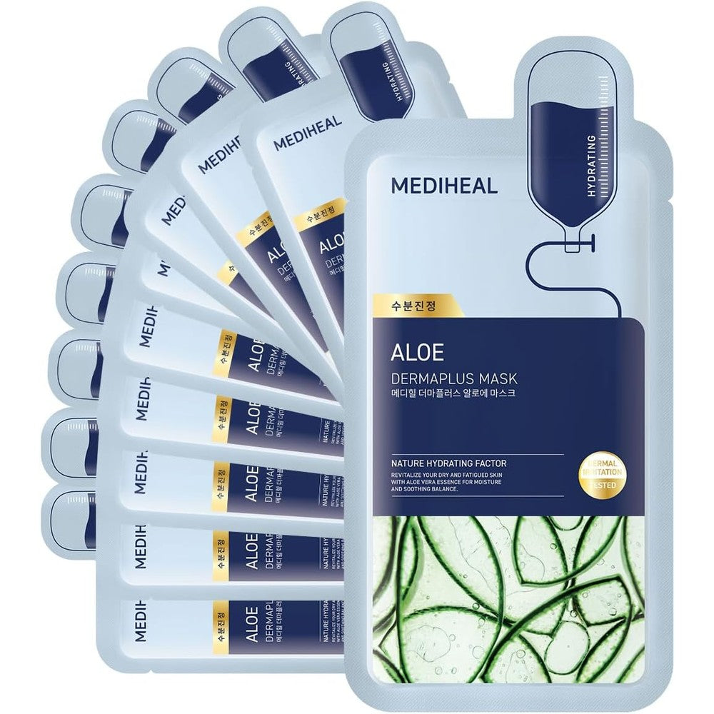 MEDIHEAL Dermaplus Aloe Mask 10 Count box front view showcasing authentic Korean hydrating sheet masks.