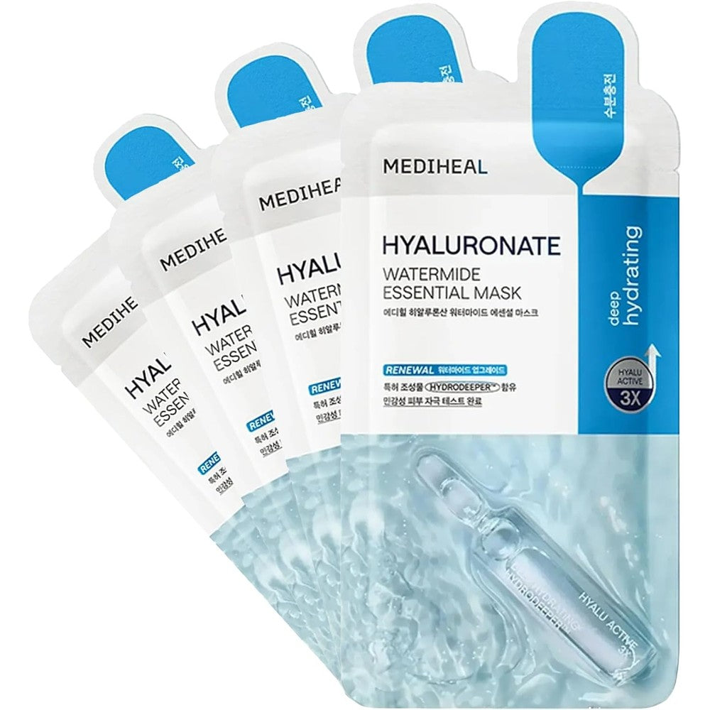 Mediheal Hyaluronate Watermide Essential Face Mask front view showing blue packaging for deep hydration.