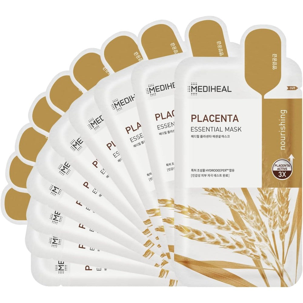 Mediheal Placenta Essential Face Mask For Anti Aging And Deep Nourishment Pack Of 10 Sheets Korean Rejuvenating Glowy Skin Treatment