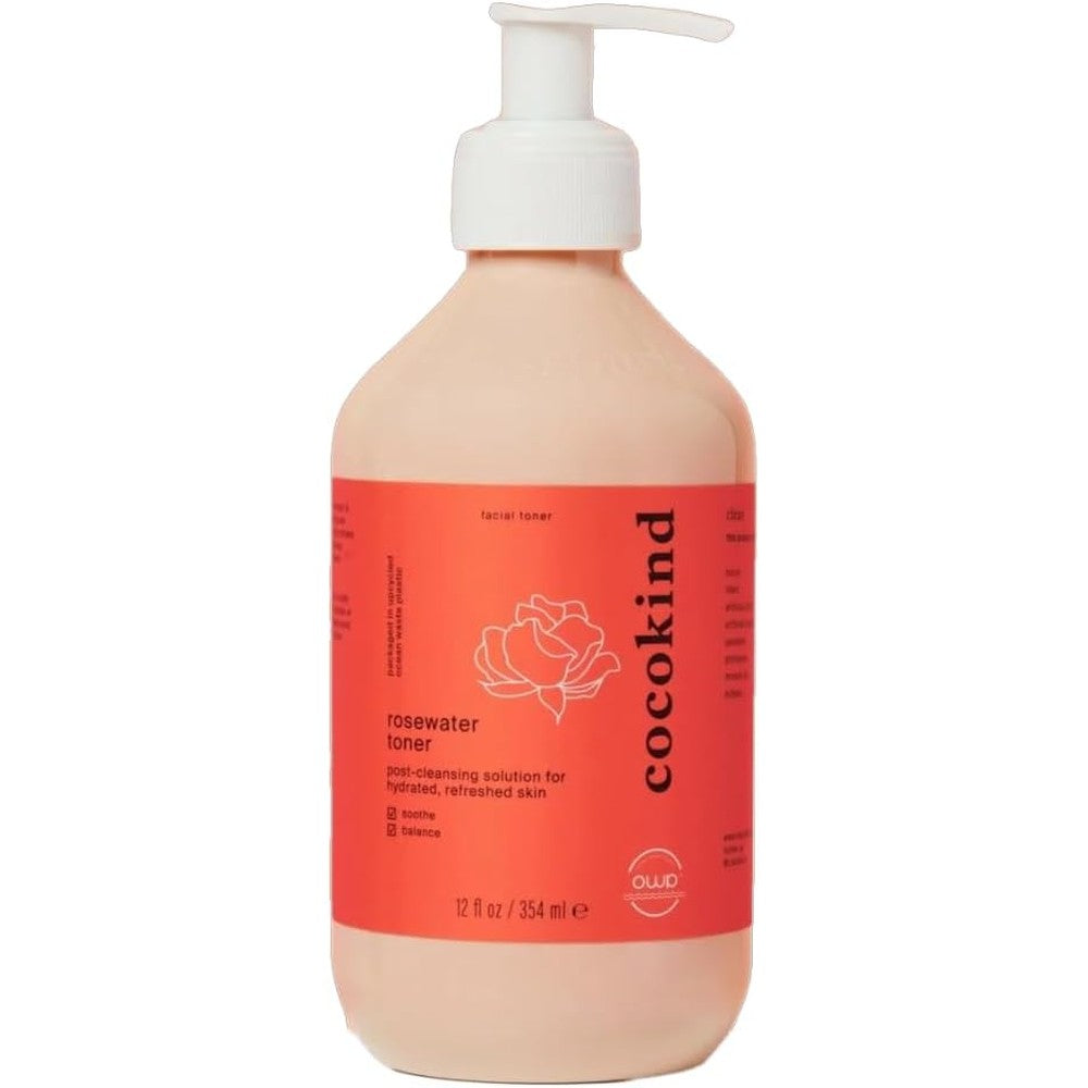 Cocokind Jumbo Rosewater Facial Toner front view pink bottle with white pump dispenser