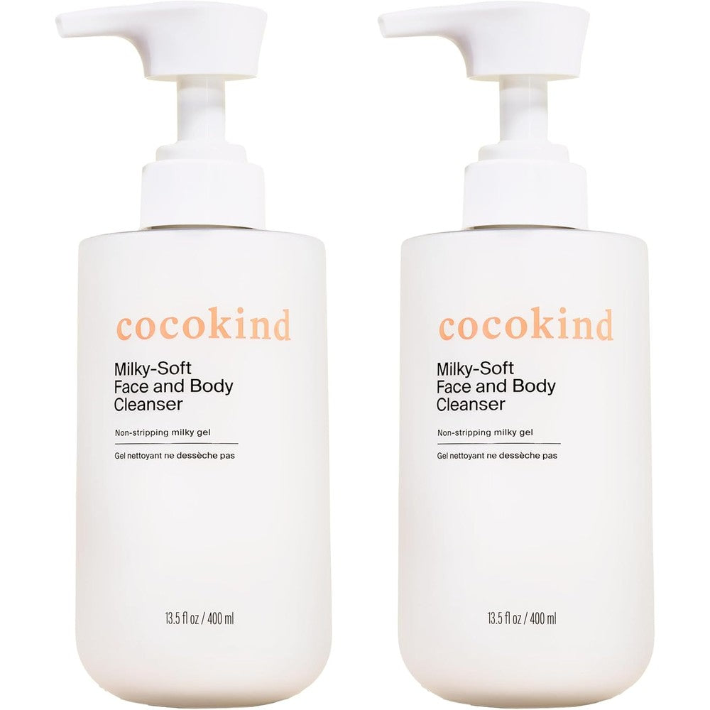 Cocokind Milky-Soft Face and Body Cleanser front view showcasing the white pump dispenser packaging.
