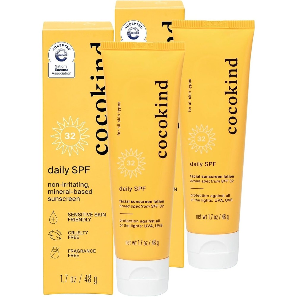 Cocokind Daily SPF Mineral Face Sunscreen front view with yellow packaging box