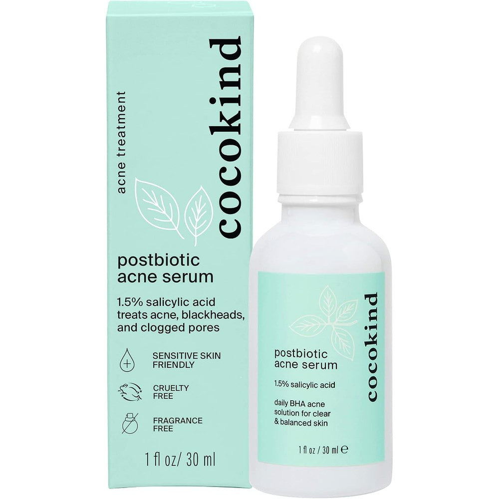 Cocokind Postbiotic Acne Serum front view of bottle for blemish prone skin clearing
