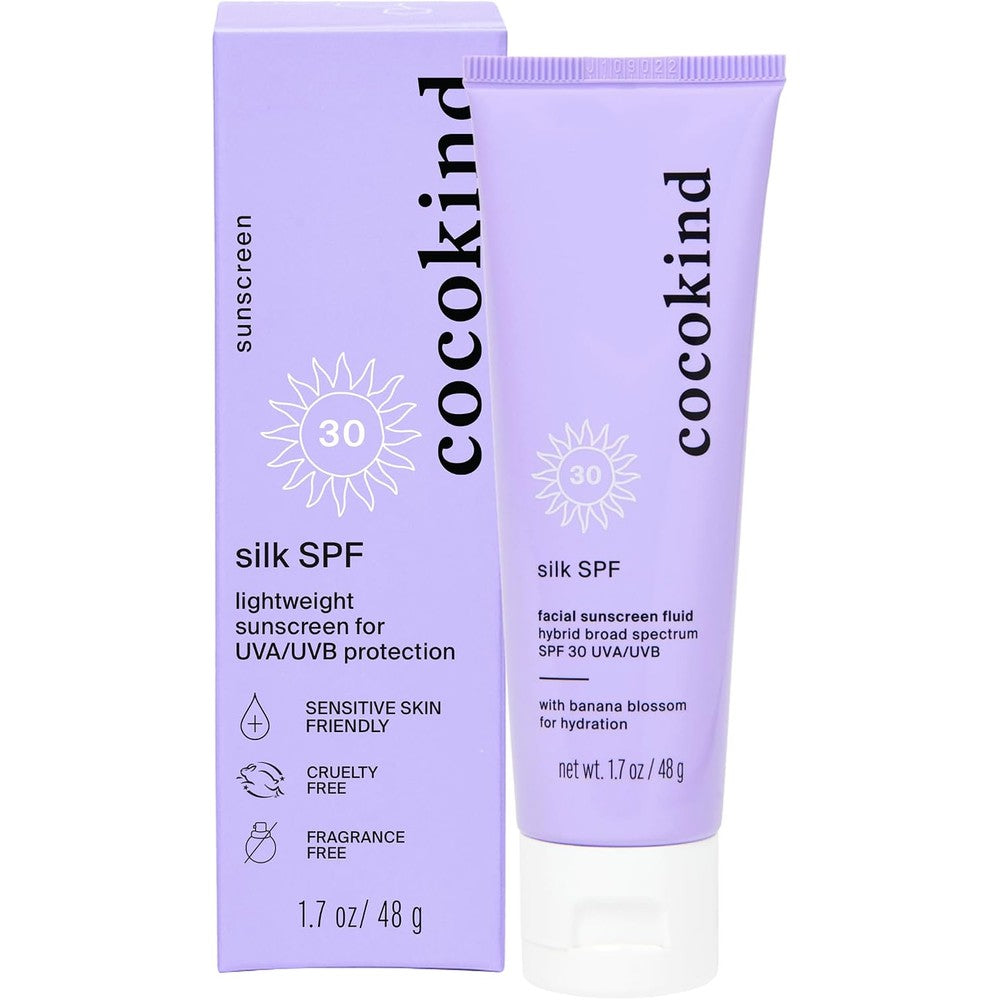 Cocokind Silk SPF 30 hybrid facial sunscreen fluid front view packaging box